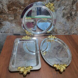 VTG Chrome Mid Century Vanity Tray Brass Bow Handles Serving Platter Set of 3